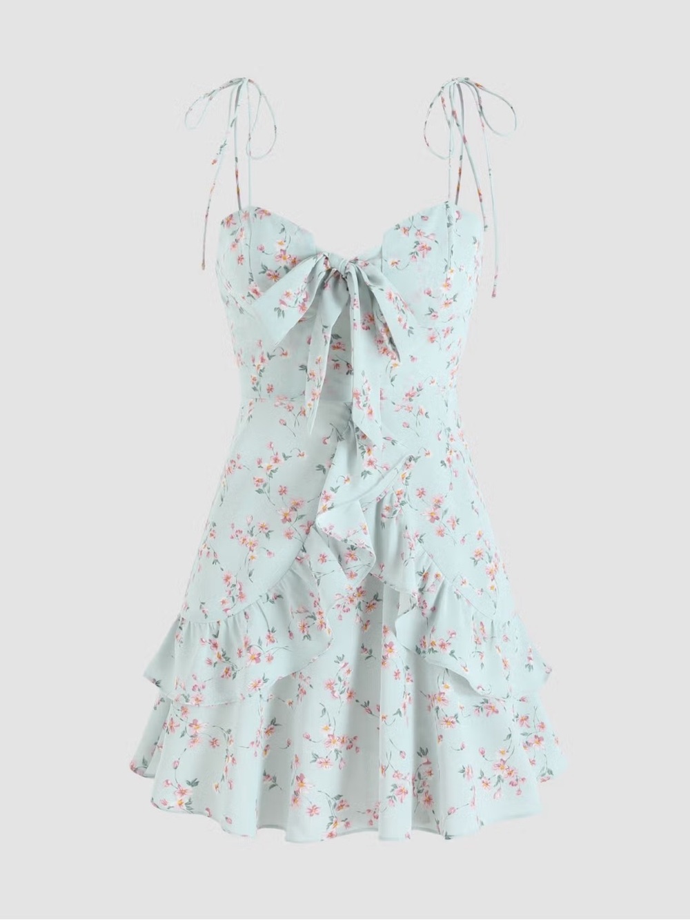 Cider Ruffles Trim Tie Corset Light Blue Floral Mini Dress size Large